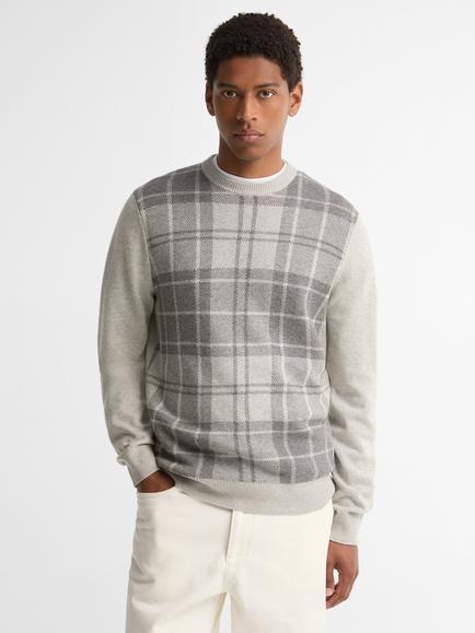 Barbour Mineral Tartan Crew Neck Wool Cotton Blend Jumper, Grey Marl, Grey Marl