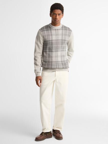 Barbour Mineral Tartan Crew Neck Wool Cotton Blend Jumper, Grey Marl - view 2, Grey Marl