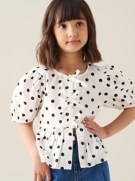 Angel & Rocket Kids' Polka Dot Tie Front Peplum Top, White/Black, White/Black