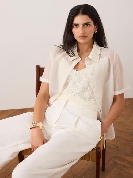 Mint Velvet Lace Layer Sheer Short Sleeve Shirt, Natural Cream, Natural Cream