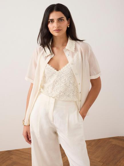 Mint Velvet Lace Layer Sheer Short Sleeve Shirt, Natural Cream - view 2, Natural Cream