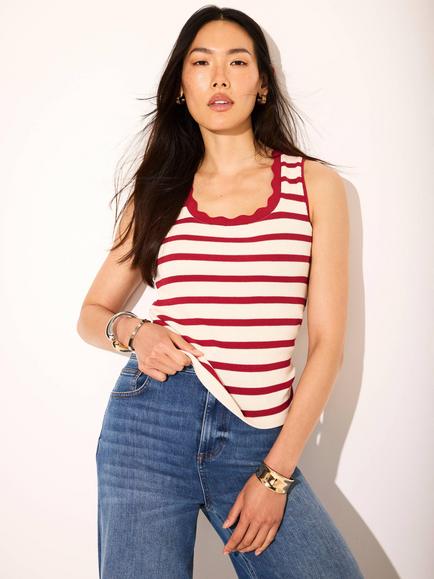 Mint Velvet Striped Scallop Trim Cotton Vest, Red, Red
