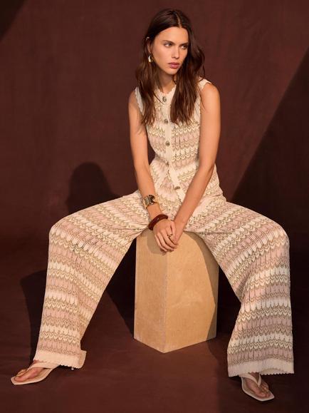 Mint Velvet Stripe Knit Mid-Rise Trousers, Natural, Natural