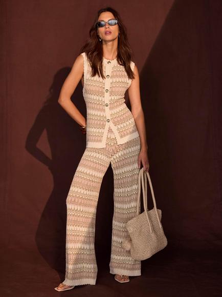 Mint Velvet Stripe Knit Mid-Rise Trousers, Natural - view 2, Natural