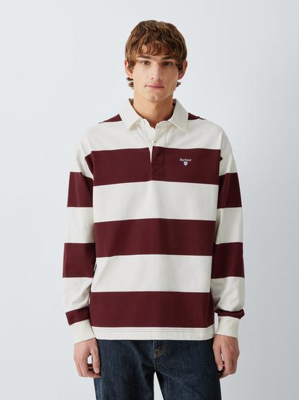 Barbour Tate Cotton Stripe Rugby Shirt, Wine/White, Wine/White