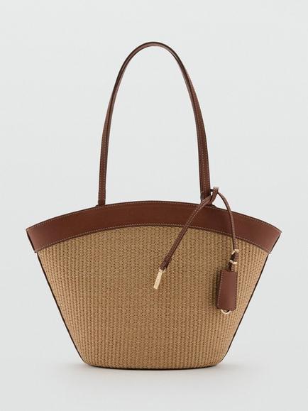 Mango Contrast Detail Woven Handbag, Brown, Brown