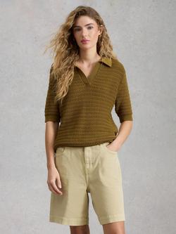 White Stuff Cooper Crochet Polo Shirt, Green Khaki, Green Khaki