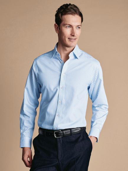 Charles Tyrwhitt Pure Cotton Long Sleeve Stripe Shirt, White & Sky, White & Sky