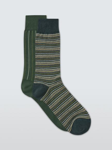 John Lewis Made in Italy Cotton Cashmere Blend Stripe Socks, Pack of 2, Green, Green
