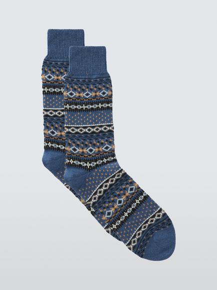 John Lewis Made in Italy Cotton Blend Fairl Isle Socks, Blue
