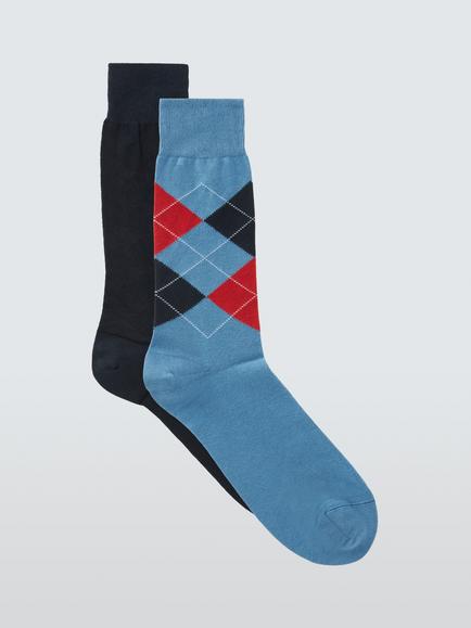 John Lewis Made in Italy Cotton Cashmere Blend Argyle Check Socks, Pack of 2, Blue Multi, Blue Multi