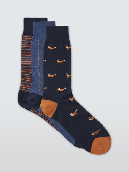 John Lewis Made in Italy Cotton Blend Fox & Stripe Socks, Pack of 3, Navy, Navy