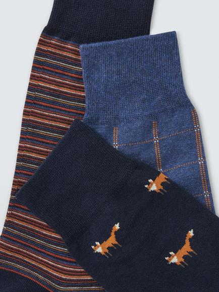 John Lewis Made in Italy Cotton Blend Fox & Stripe Socks, Pack of 3, Navy - view 2, Navy