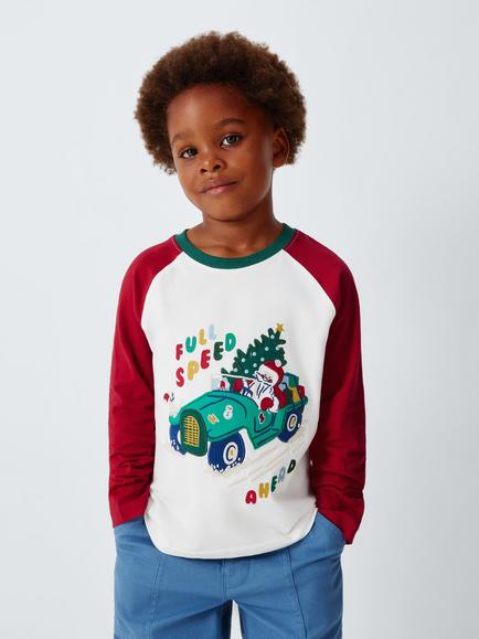 John Lewis Kids' Santa Car Long Sleeve Top, White/Blue, White/Blue