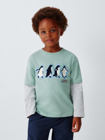 John Lewis Kids' Penguin Pals Long Sleeve Top, Silver Blue, Silver Blue