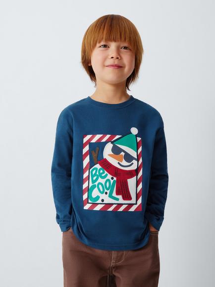 John Lewis Kids' Snowman Long Sleeve Top, Estate Blue, Estate Blue