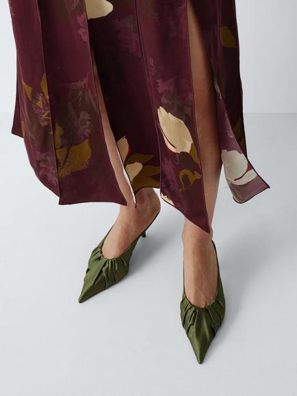 John Lewis Bahamas Ruched Satin Pointed Mules, Olive - view 2, Olive