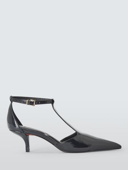 John Lewis Chile Patent Leather Ultra Pointed Toe T-Bar Kitten Heel Court Shoes, Navy, Navy