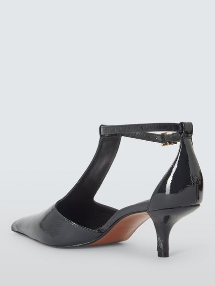 John Lewis Chile Patent Leather Ultra Pointed Toe T-Bar Kitten Heel Court Shoes, Navy - view 2, Navy