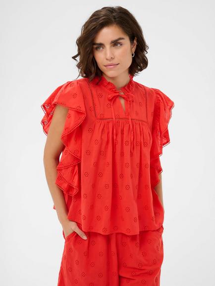 KAFFE Kafiona Short Sleeve Frill Top, Poppy Red, Poppy Red
