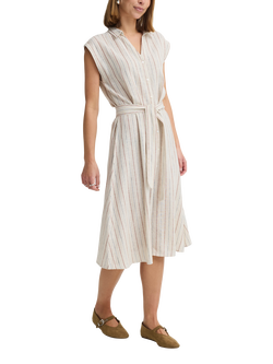 ICHI Ihlinno Straight Linen Blend Stripe Dress, Beige, Beige