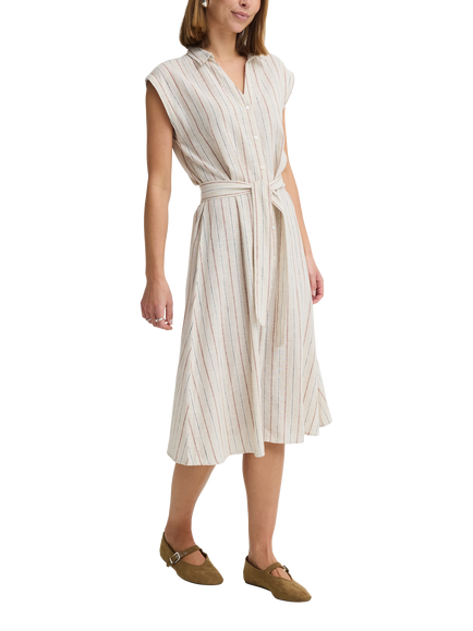 ICHI Ihlinno Straight Linen Blend Stripe Dress, Beige, Beige