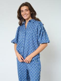 Sisters Point Ella Polka Dot Puff Sleeve Shirt, Blue Flower, Blue Flower