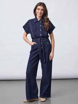 Sisters Point Feba Belted Collared Wide Leg Denim Jumpsuit, Blue, Blue