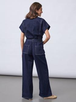 Sisters Point Feba Belted Collared Wide Leg Denim Jumpsuit, Blue - view 2, Blue