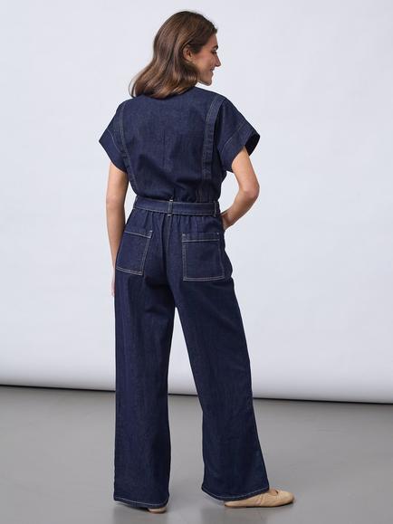 Sisters Point Feba Belted Collared Wide Leg Denim Jumpsuit, Blue - view 2, Blue