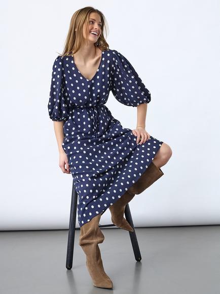 Sisters Point Ventia V-Neck Midi Polka Dot Dress, Navy, Navy