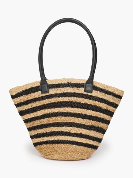 French Connection Striped Jute Beach Tote Bag, Natural/Black, Natural/Black