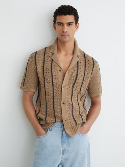 Reiss Ellingham Textured Knit Stripe Shirt, Light Camel