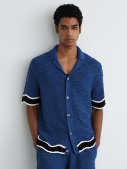 Reiss Ciro Cotton Blend Short Sleeve Wave Knit Tipped Shirt, Blue, Blue