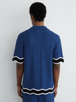 Reiss Ciro Cotton Blend Short Sleeve Wave Knit Tipped Shirt, Blue - view 2, Blue
