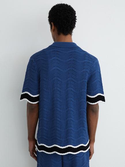 Reiss Ciro Cotton Blend Short Sleeve Wave Knit Tipped Shirt, Blue - view 2, Blue