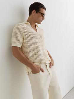 Reiss Bronwyn Crochet Open Collar Polo Shirt, White, White
