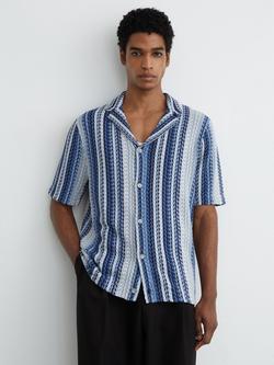 Reiss Fleet Stripe Knit Cuban Collar Shirt, Soft Blue, Soft Blue