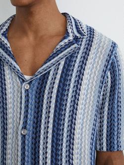 Reiss Fleet Stripe Knit Cuban Collar Shirt, Soft Blue - view 2, Soft Blue