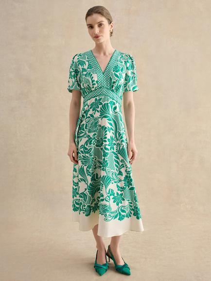 Hobbs Petite Trelissick V-Neck Midi Dress, Multi, Multi