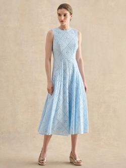 Hobbs Petite Lexia Broderie Anglaise Dress, Blue, Blue