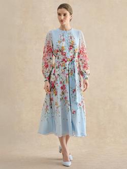 Hobbs Petite Liberty Floral Pure Silk Dress, Blue, Blue