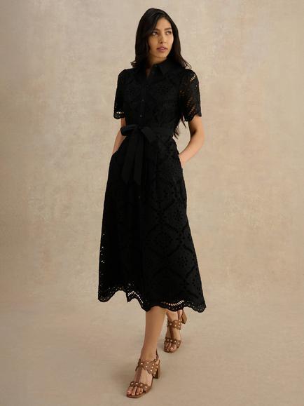 Hobbs Petite Willa Broderie Anglaise Dress, Black, Black
