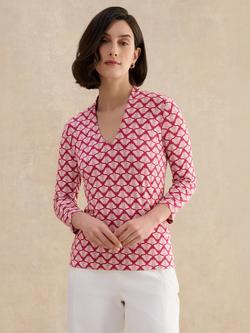 Hobbs Aimee Geomteric Print Long Sleeve Top, Pink/Ivory, Pink/Ivory