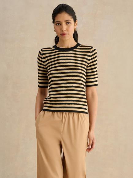 Hobbs Clemmie Striped Knit T-Shirt, Beige/Black, Beige/Black