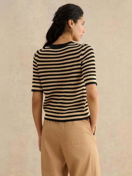 Hobbs Clemmie Striped Knit T-Shirt, Beige/Black - view 2, Beige/Black