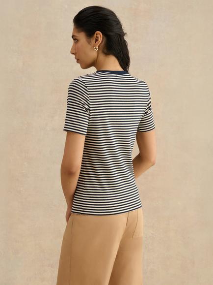 Hobbs Tamsin Sparkle Stripe T-Shirt, Navy/Ivory - view 2, Navy/Ivory