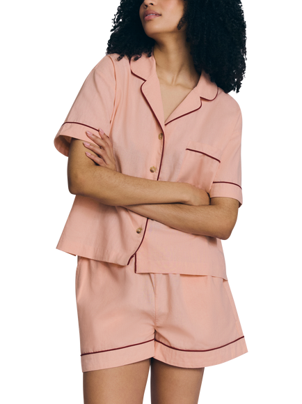 Piglet in Bed Linen Rich Button Down Short Pyjama Set, Rose, Rose