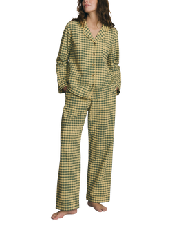 Piglet in Bed Seersucker Gingham Button Down Long Pyjama Set, Elm Grn/Butter Yllw