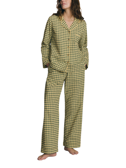 Piglet in Bed Seersucker Gingham Button Down Long Pyjama Set, Elm Grn/Butter Yllw